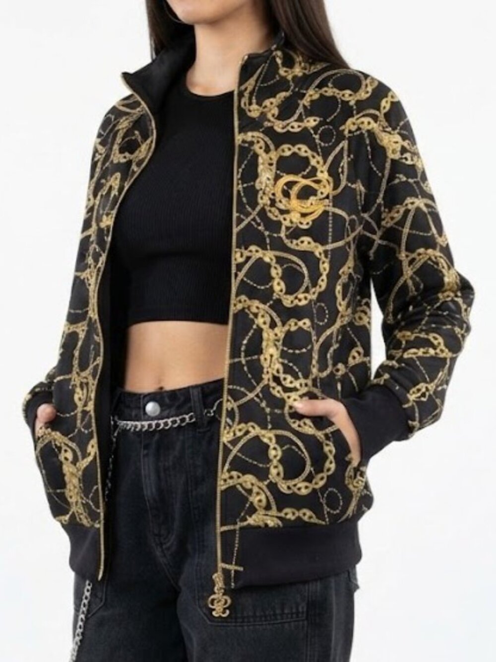 Y2K G-Unit Fine Attire Black Gold Chain Print Zip Up Track Jacket